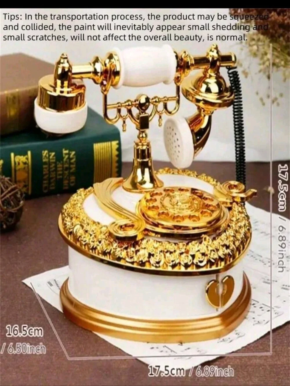 Vintage-Style Gold and White Rotary Telephone MUSIC BOX